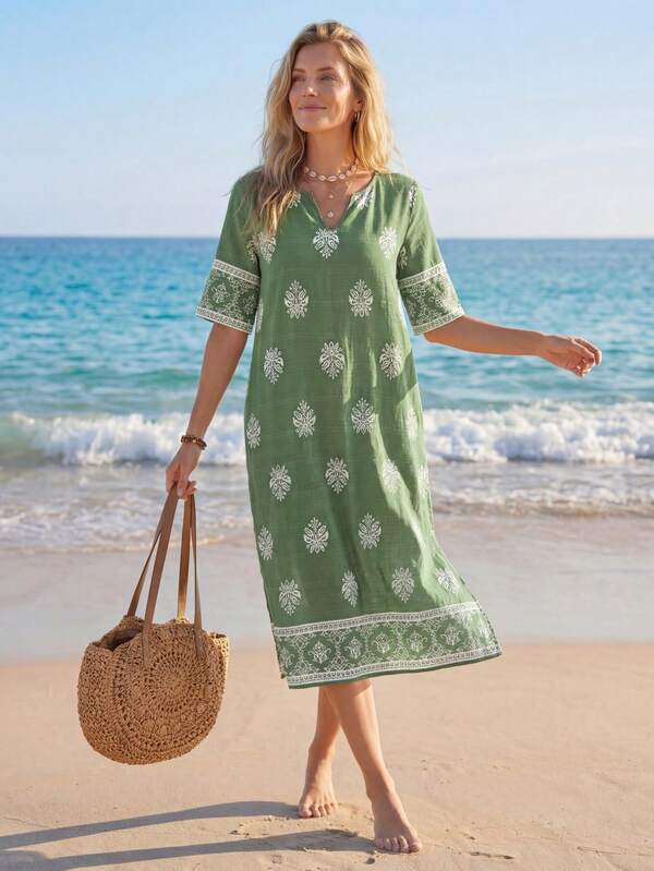 Vestido Midi Decote V Com Estampa Étnica Estilo Resort