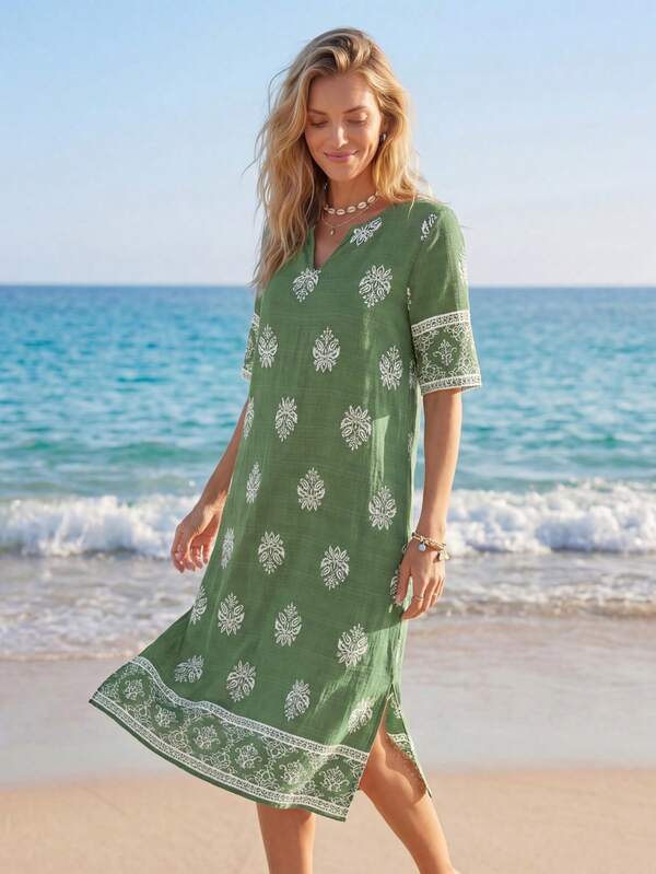 Vestido Midi Decote V Com Estampa Étnica Estilo Resort