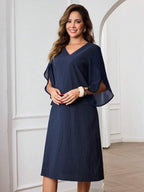 Vestido Midi Decote V Com Manga Fluida E Caimento Solto
