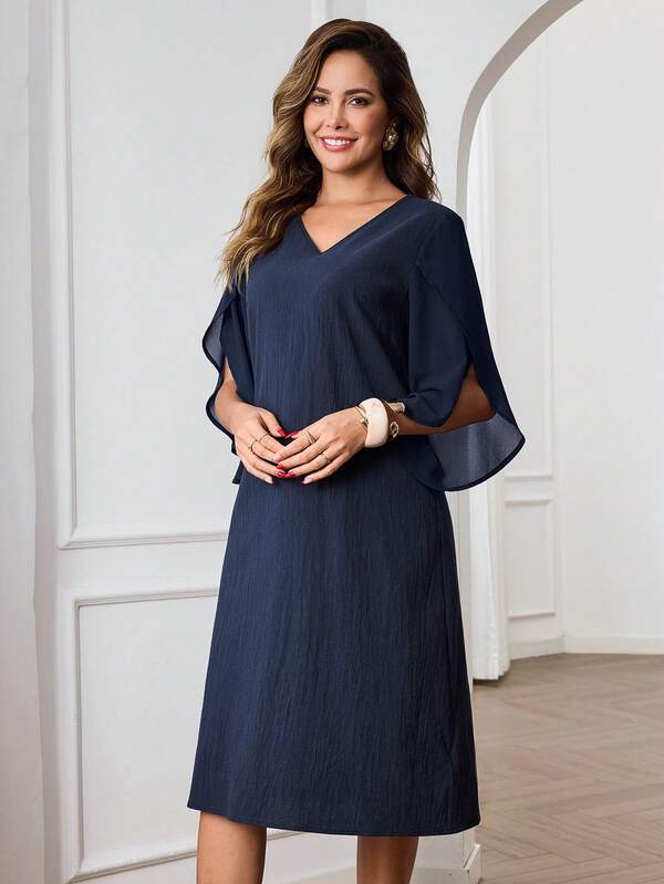Vestido Midi Decote V Com Manga Fluida E Caimento Solto