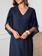 Vestido Midi Decote V Com Manga Fluida E Caimento Solto