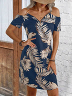 Vestido Midi Ombro Vazado Estampa Tropical Com Aviamento