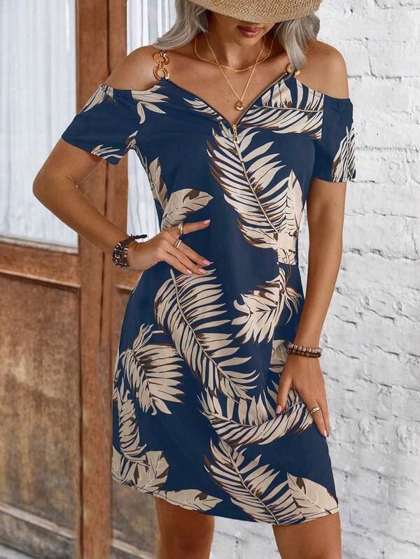 Vestido Midi Ombro Vazado Estampa Tropical Com Aviamento