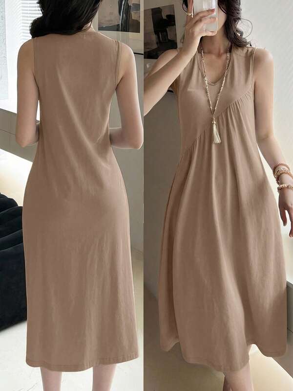 Vestido Midi Regata Decote V Com Recortes Estilo Minimalista