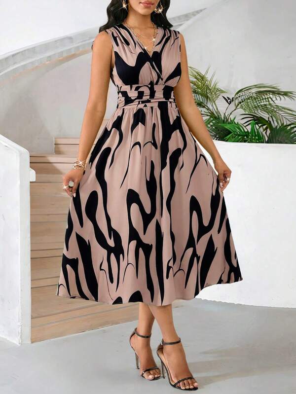 Vestido Midi Evasê Com Decote Transpassado Plissado