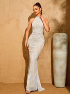 Vestido Longo Sereia Com Gola Halter E Paetês