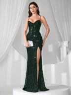 Vestido Longo Sereia Com Paetês E Fenda Frontal