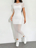 Vestido Midi Ajustado Com Transparência Estilo Minimalista