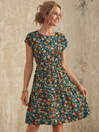 Vestido Midi Com Estampa Floral E Manga Curta Casual