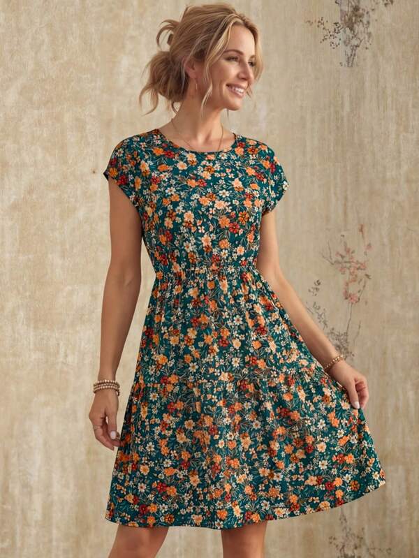 Vestido Midi Com Estampa Floral E Manga Curta Casual