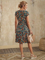Vestido Midi Com Estampa Floral E Manga Curta Casual