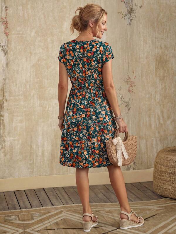 Vestido Midi Com Estampa Floral E Manga Curta Casual