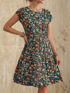 Vestido Midi Com Estampa Floral E Manga Curta Casual