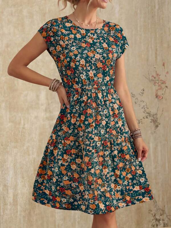 Vestido Midi Com Estampa Floral E Manga Curta Casual
