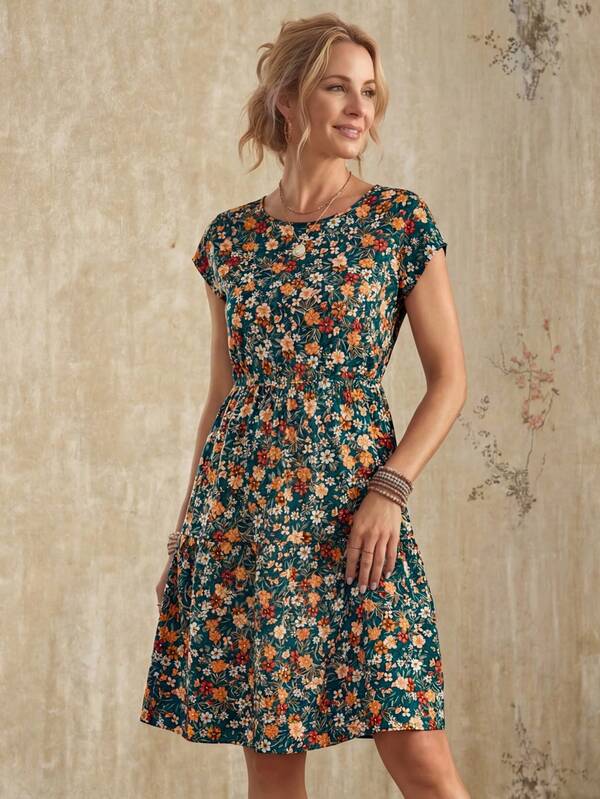 Vestido Midi Com Estampa Floral E Manga Curta Casual