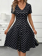 Vestido Midi Decote V Com Botões E Estampa Poá