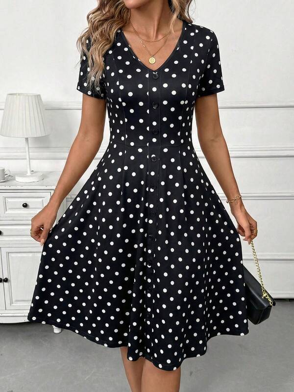 Vestido Midi Decote V Com Botões E Estampa Poá