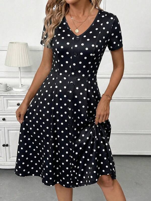 Vestido Midi Decote V Com Botões E Estampa Poá