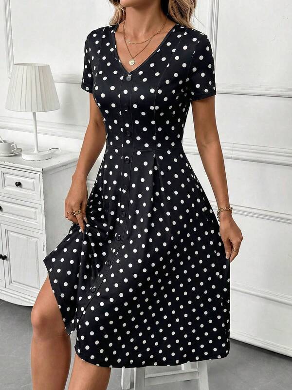 Vestido Midi Decote V Com Botões E Estampa Poá