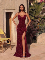 Vestido Longo Com Paetês E Fenda Frontal Profunda