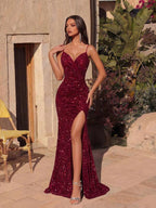 Vestido Longo Com Paetês E Fenda Frontal Profunda