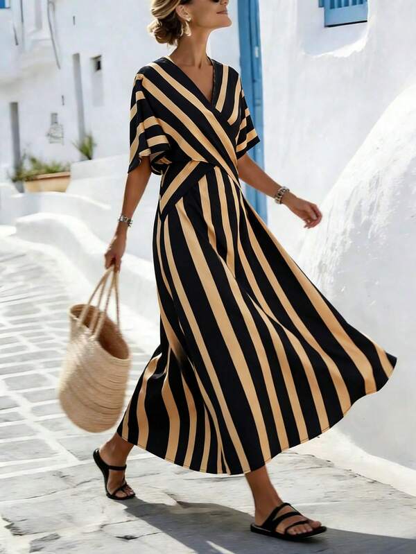 Vestido Longo Transpassado Com Estampa Listrada Resort