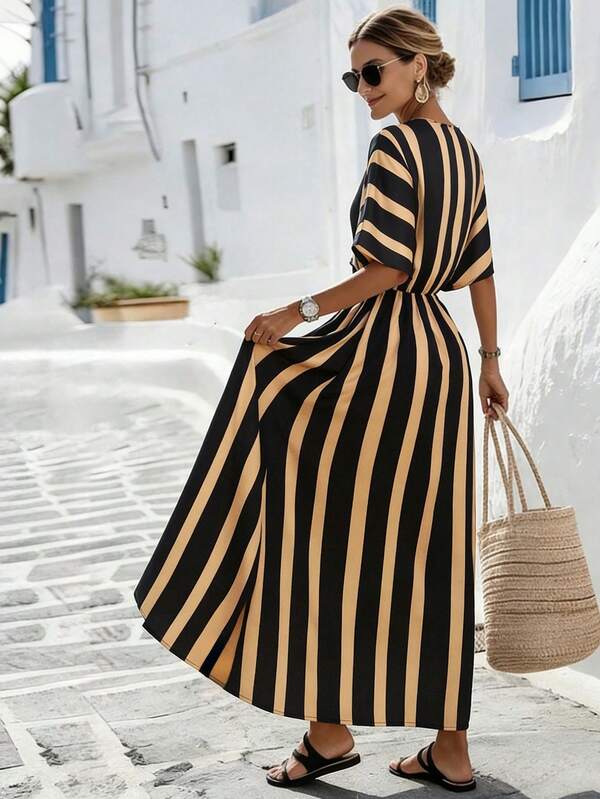 Vestido Longo Transpassado Com Estampa Listrada Resort
