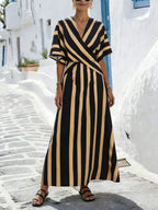 Vestido Longo Transpassado Com Estampa Listrada Resort