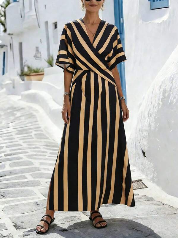 Vestido Longo Transpassado Com Estampa Listrada Resort