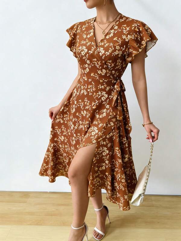 Vestido Midi Transpassado Com Babados E Estampa Floral