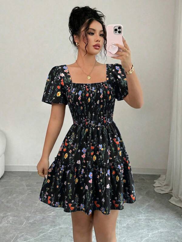 Vestido Curto Com Lastex E Manga Bufante Floral Boho