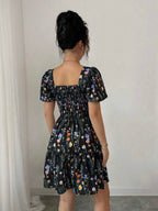 Vestido Curto Com Lastex E Manga Bufante Floral Boho