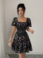 Vestido Curto Com Lastex E Manga Bufante Floral Boho