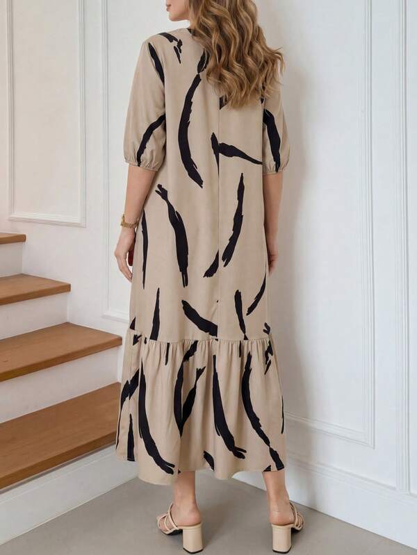 Vestido Midi Decote V Com Estampa Abstrata E Babados