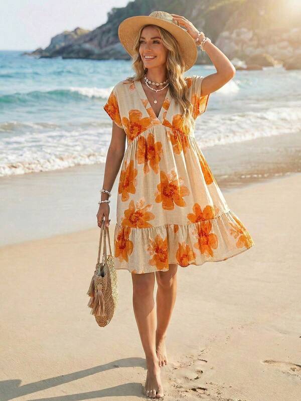 Vestido Curto Decote V Com Estampa Tropical Resort