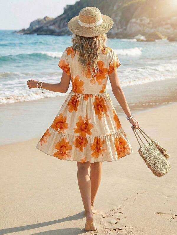 Vestido Curto Decote V Com Estampa Tropical Resort