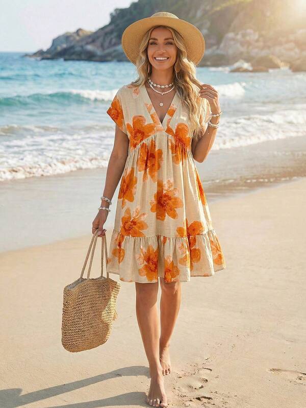 Vestido Curto Decote V Com Estampa Tropical Resort