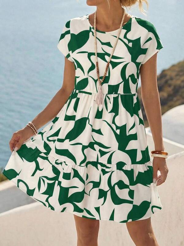 Vestido Midi Soltinho Com Recortes Estampa Abstrata Casual