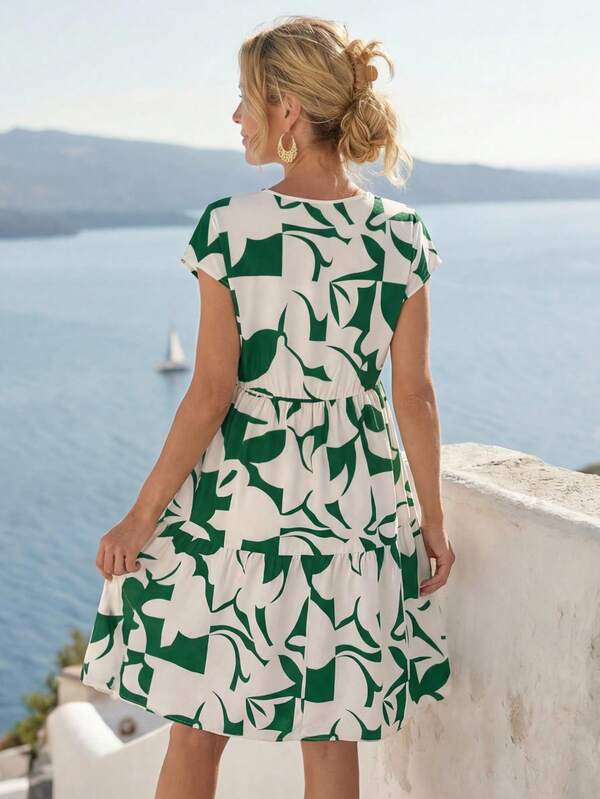 Vestido Midi Soltinho Com Recortes Estampa Abstrata Casual