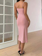 Vestido Midi Alças Finas Acinturado Com Fenda Elegante