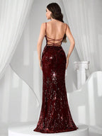 Vestido Longo Sereia Com Paetês E Fenda Frontal