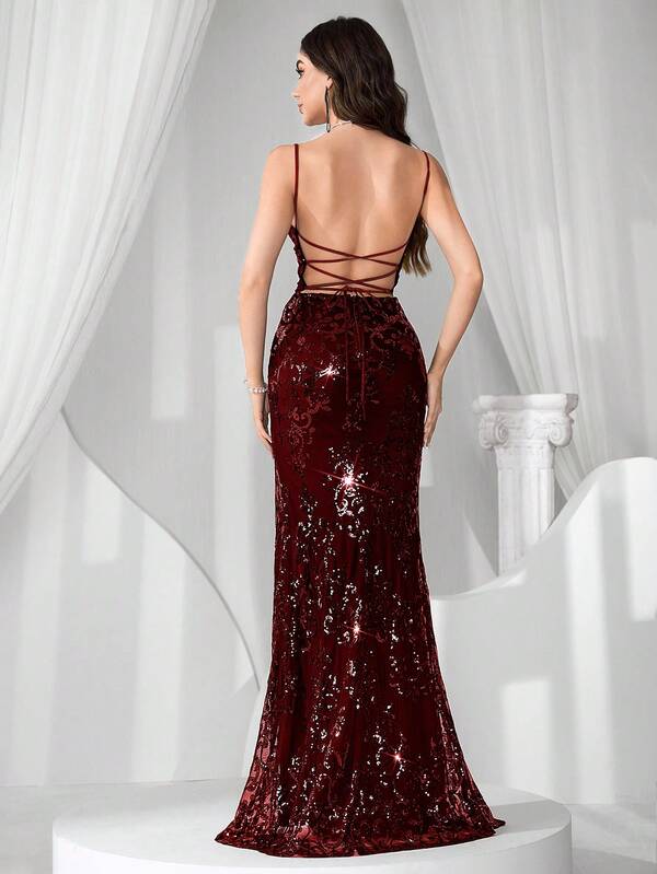 Vestido Longo Sereia Com Paetês E Fenda Frontal