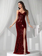 Vestido Longo Sereia Com Paetês E Fenda Frontal
