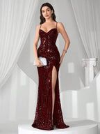 Vestido Longo Sereia Com Paetês E Fenda Frontal
