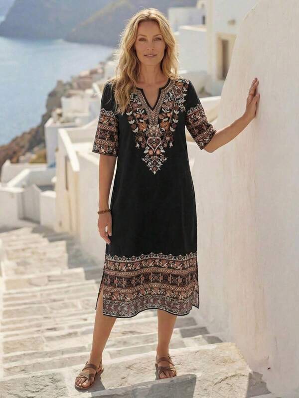 Vestido Midi Decote V Com Estampa Étnica Estilo Resort