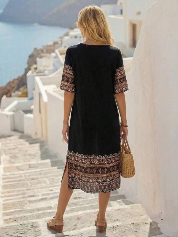 Vestido Midi Decote V Com Estampa Étnica Estilo Resort