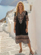 Vestido Midi Decote V Com Estampa Étnica Estilo Resort