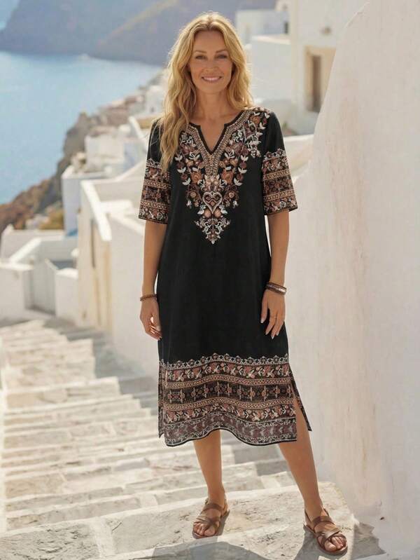 Vestido Midi Decote V Com Estampa Étnica Estilo Resort