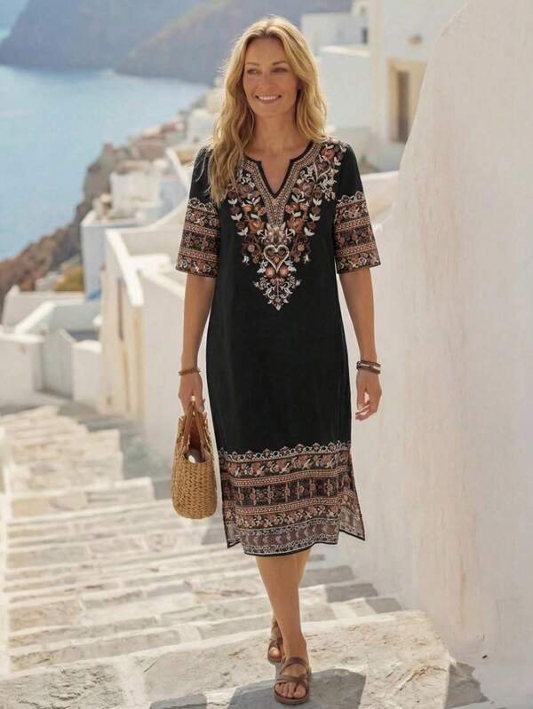 Vestido Midi Decote V Com Estampa Étnica Estilo Resort