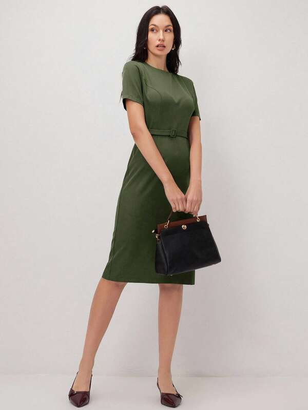 Vestido Midi Ajustado Com Cinto Estilo Minimalista